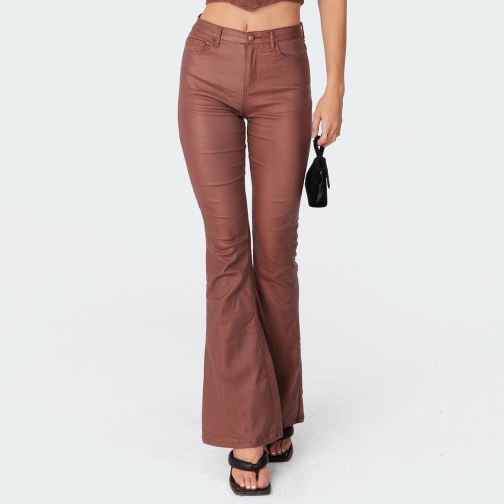 Edikted Luna Faux Leather Flare Jeans Brown Size S